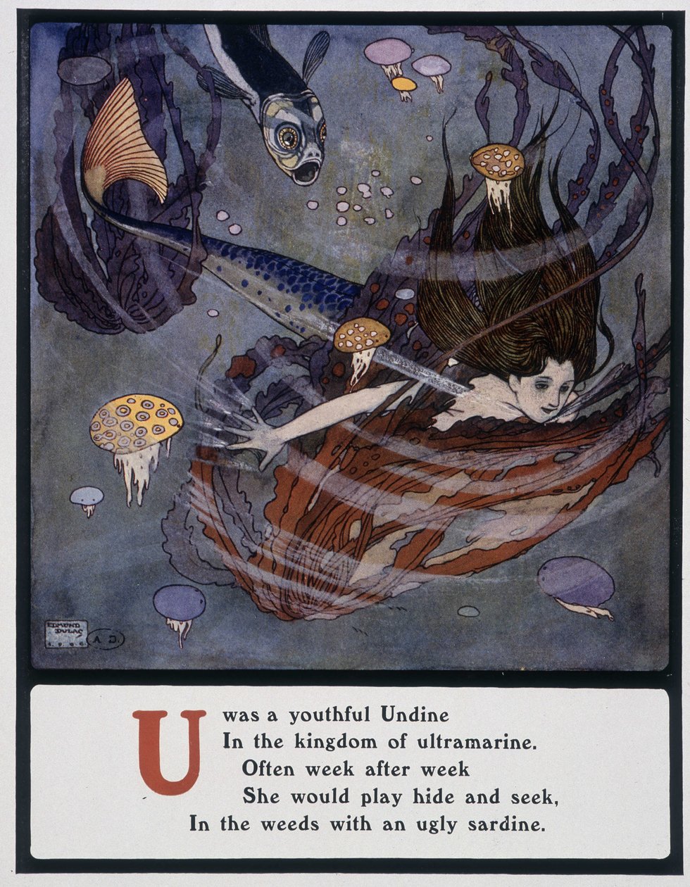 Písmeno U (Undine), mořská panna pod mořem, asi 1908 (kresba) od Edmund Dulac
