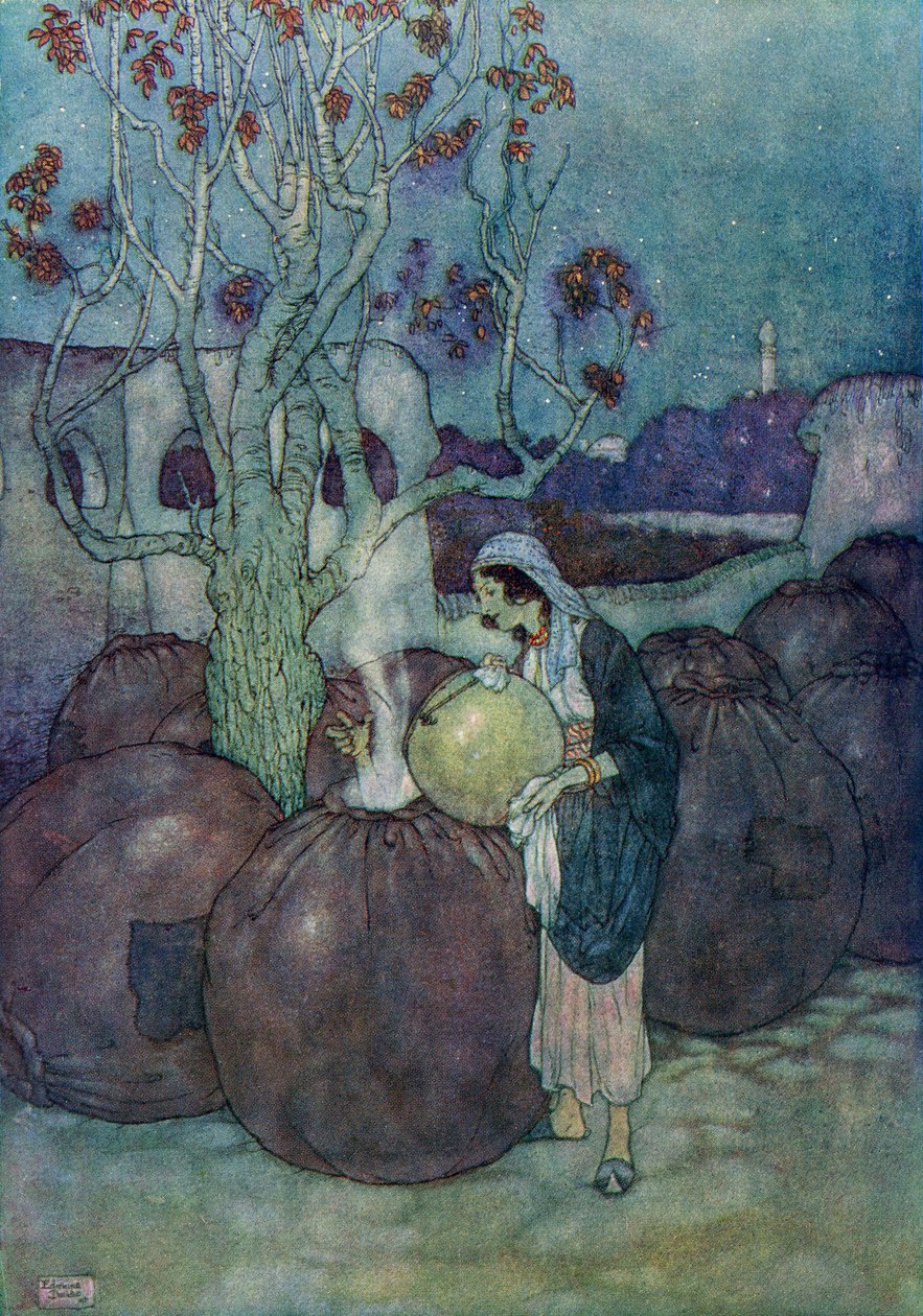 Morgiana do každé nádoby postupně nalila dostatečné množství vroucího oleje, ilustrace z knihy "Ali Baba a čtyřicet loupežníků". od Edmund Dulac