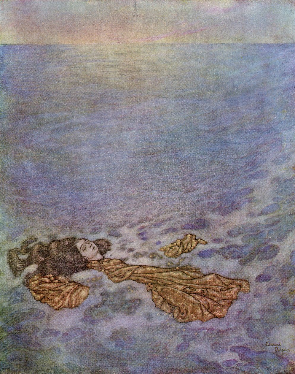 Ještě jednou pohlédla na prince, s očima již zastřenýma smrtí, pak se vrhla přes palubu a spadla, její tělo se rozplynulo v pěně, Ilustrace z "Mořské panny". od Edmund Dulac