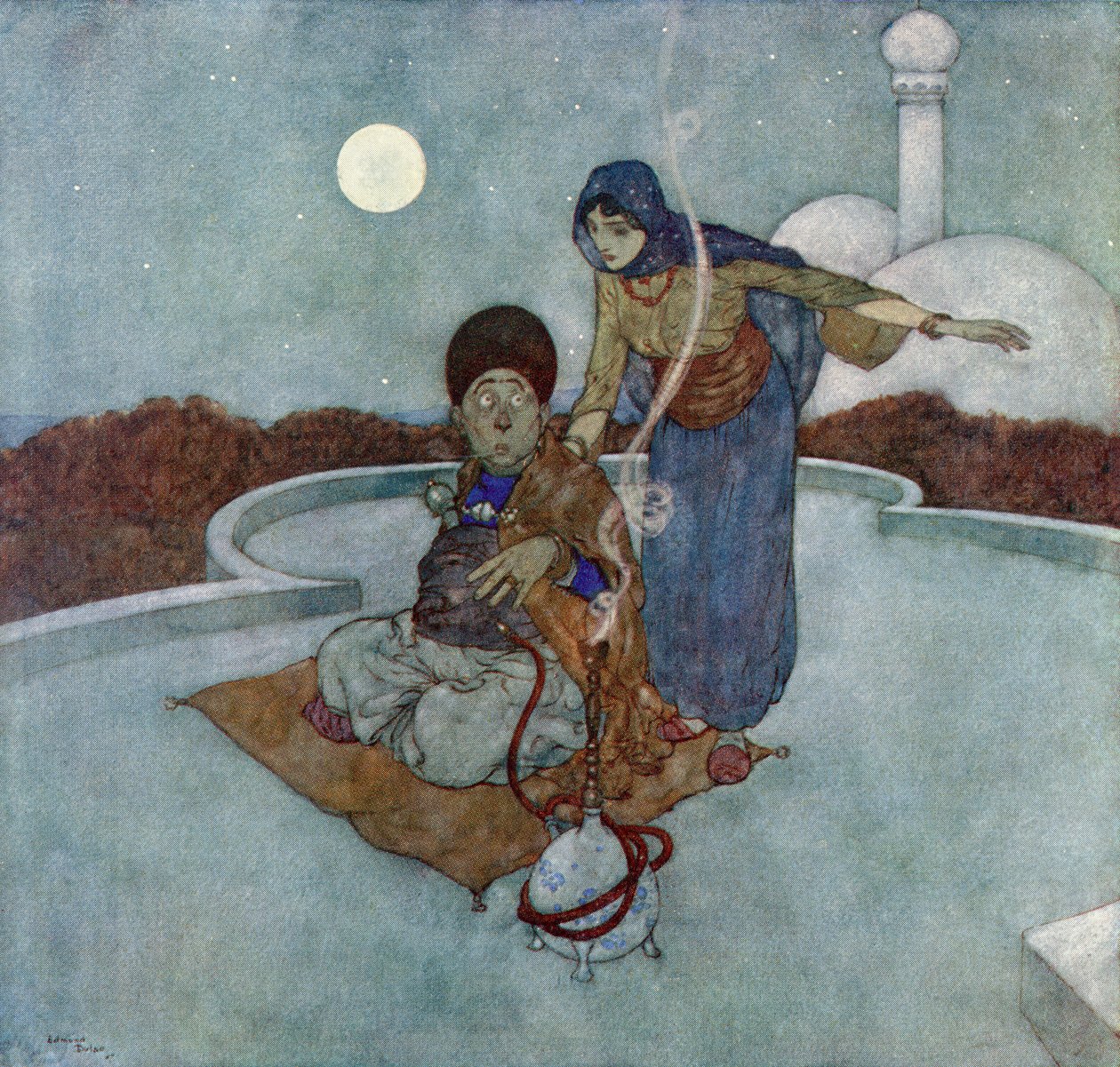 Zvolala: "Ó nešťastný muži, jaká je to žalostná hlídka, kterou jsi držel.", ilustrace z "Příběhu kouzelného koně". od Edmund Dulac