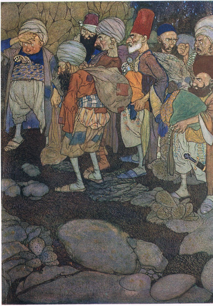 Někteří ze čtyřiceti loupežníků, ilustrace z knihy "Ali Baba a čtyřicet loupežníků" (barevná litografie) od Edmund Dulac