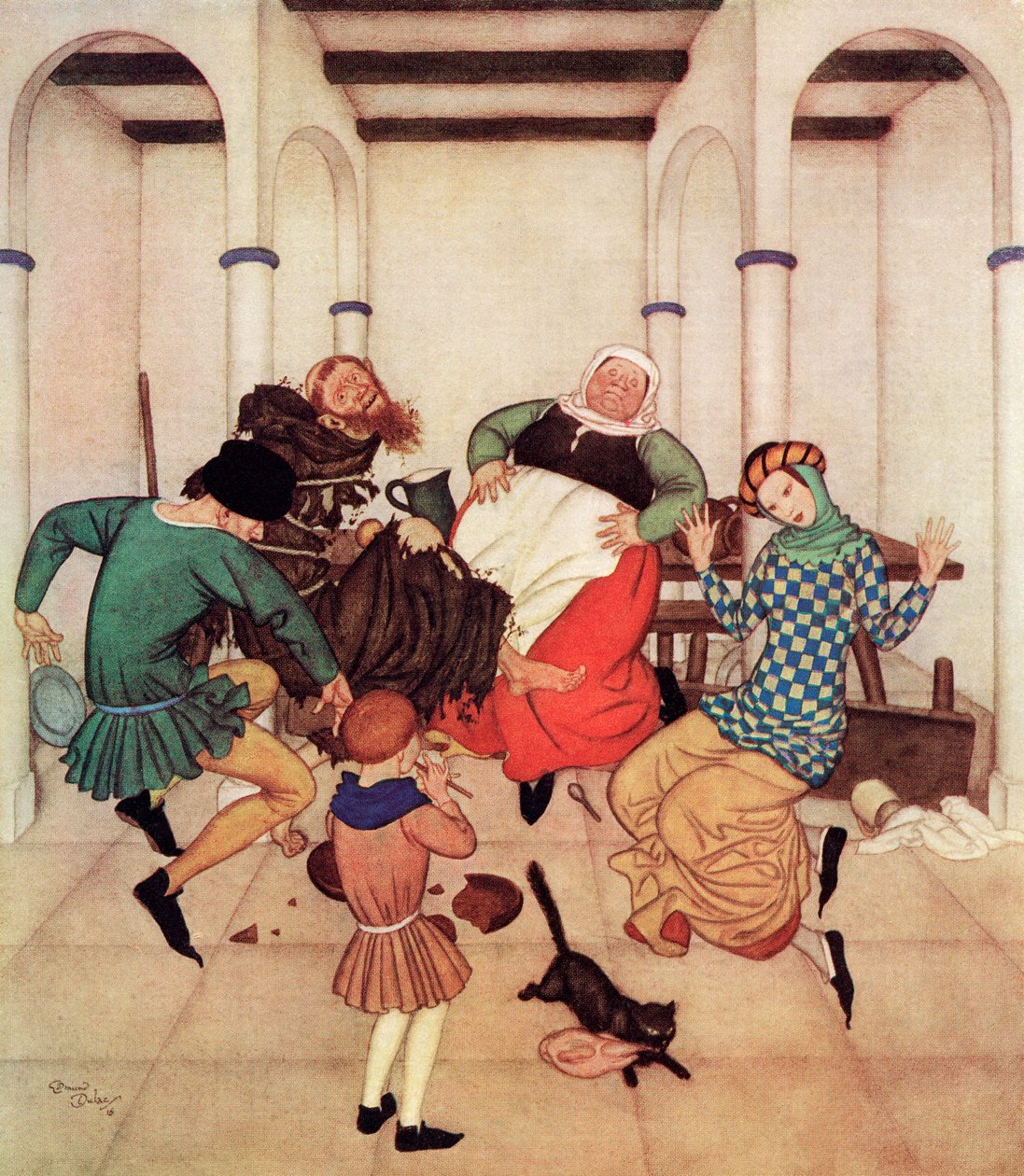 "Mnich, pevně přivázaný ke kůlu, se kroutil a svíjel a dával jasně najevo, že kdyby mohl, tak by ho rozšlápl", ilustrace z anglické pohádky The Friar and the Boy z knihy Edmunda Dulaca Fairy-Book: Dulacova kniha pohádek spojeneckých národů, vydaná v roce 1 od Edmund Dulac