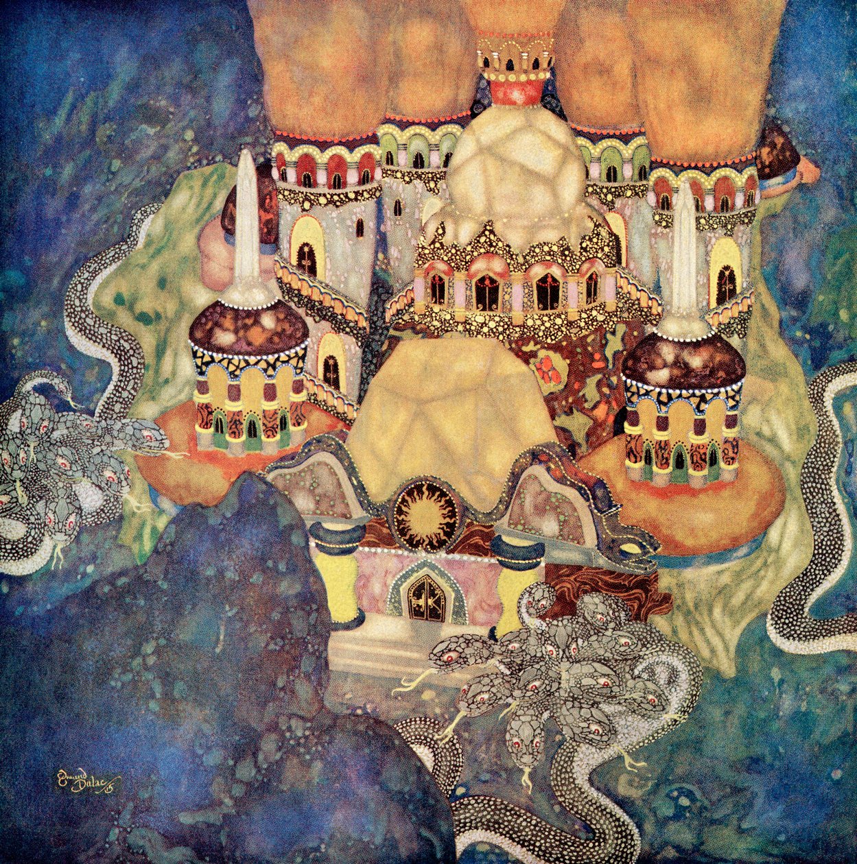 "Palác dračího krále", ilustrace ze srbské pohádky Příběh o Baštělíkovi z pohádkové knihy Edmunda Dulaca: (akvarel na papíře), vydáno v roce 1916. od Edmund Dulac