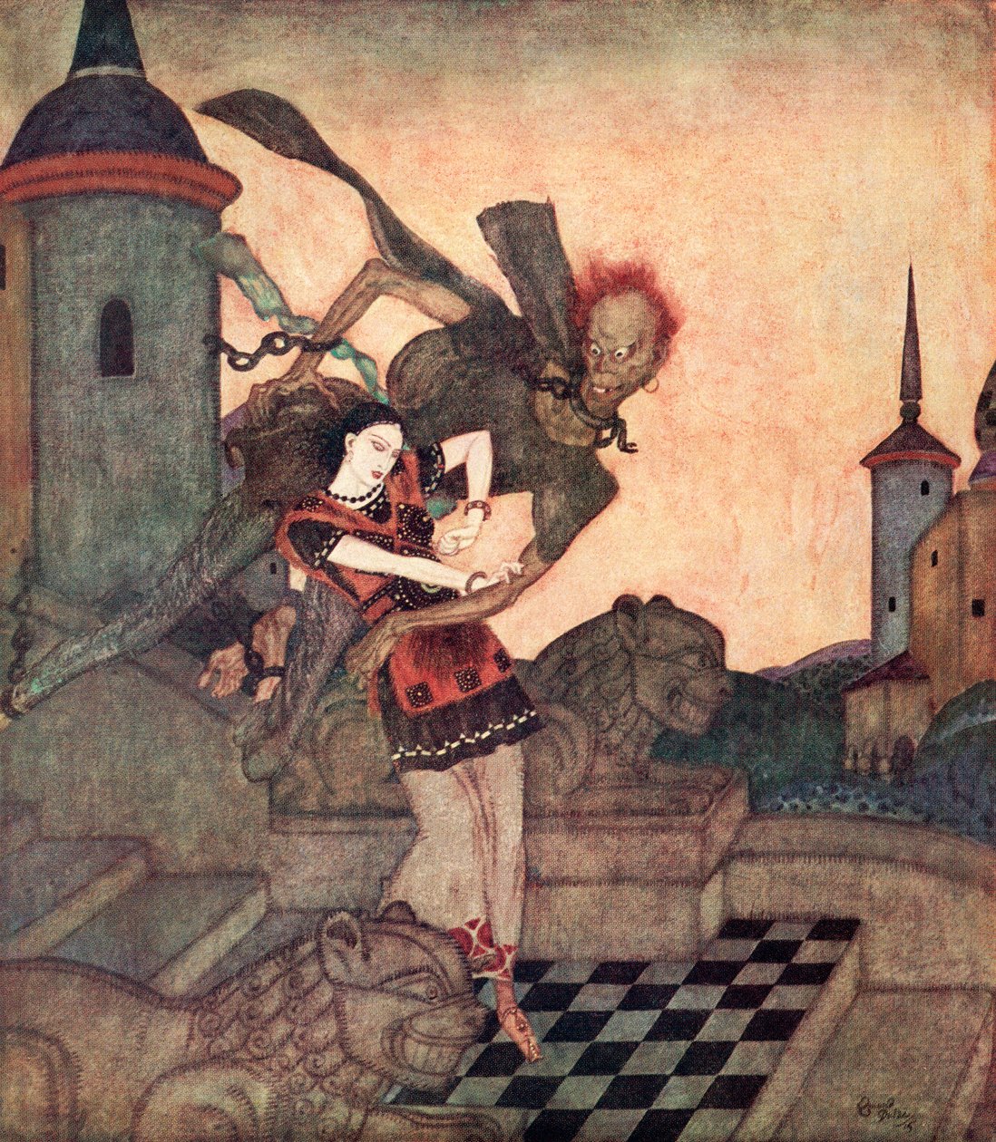 "Princ, který se díval ven, viděl, jak popadl princeznu a rychle odletěl", ilustrace ze srbské pohádky Příběh o Baščelíkovi z Pohádkové knížky Edmunda Dulaca: Dulacova kniha pohádek spojeneckých národů, vydaná v roce 1916. od Edmund Dulac