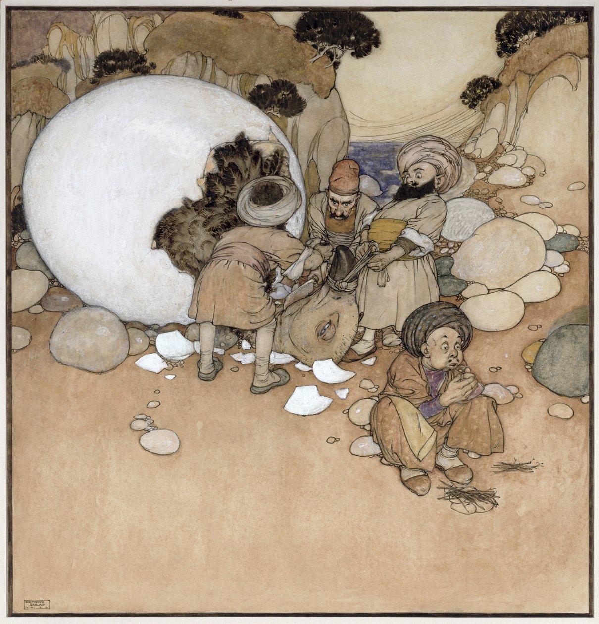 Skalní vejce, scéna z filmu Sindibád námořník z Arabských nocí od Edmund Dulac