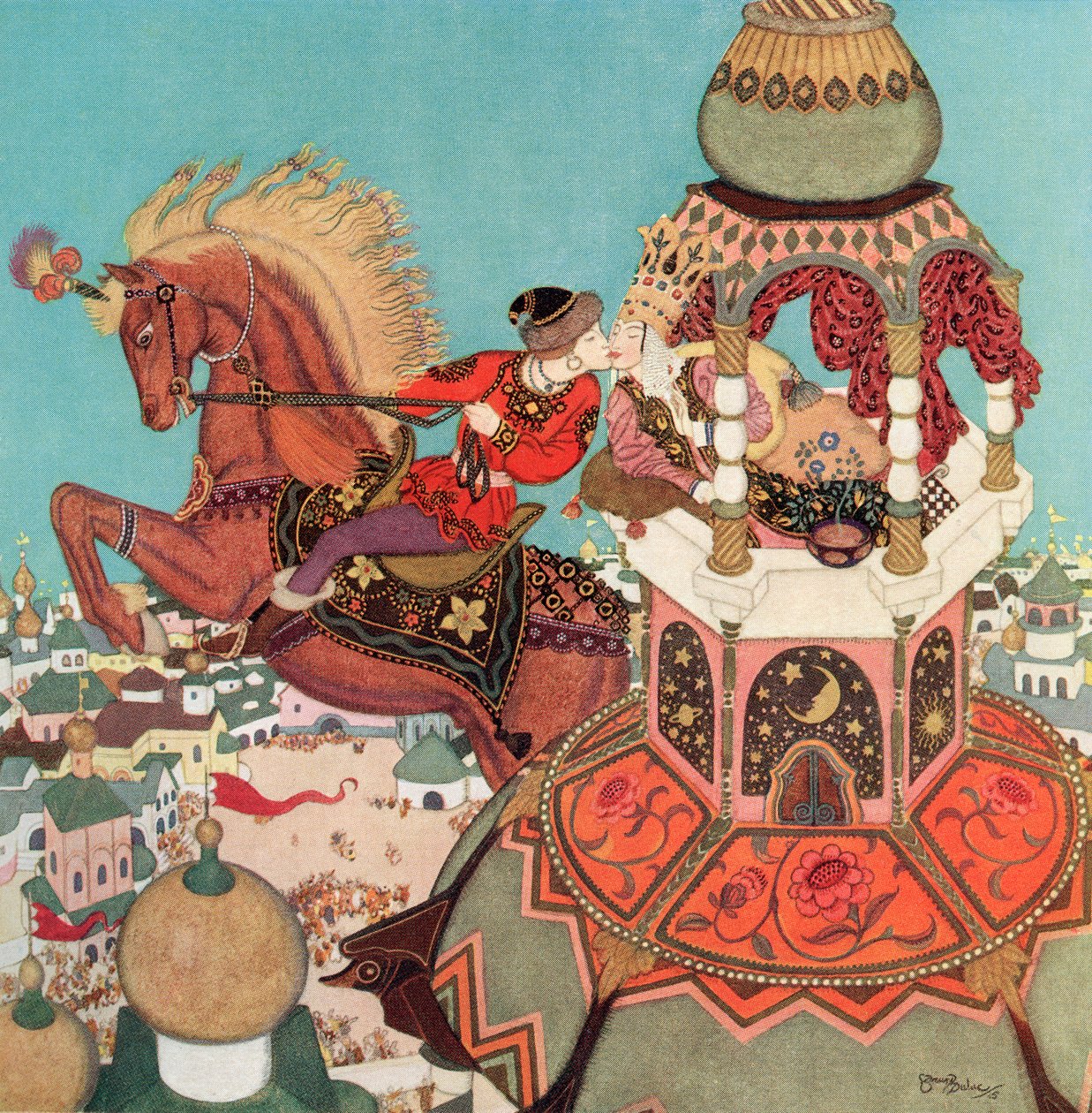 "Kaštanový kůň jako by se zdržel ve vzduchu na vrcholu svého skoku, zatímco ten polibek trval", ilustrace z ruské pohádky Ivan a kaštanový kůň z knihy Edmunda Dulaca Pohádky: Dulacova kniha pohádek, vydaná v roce 1916. od Edmund Dulac