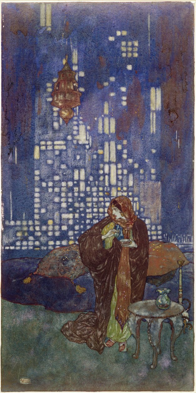 "Pohár vína, který mu dává každou noc, obsahuje uspávací nápoj", ilustrace k "Králi Ebenových ostrovů". od Edmund Dulac