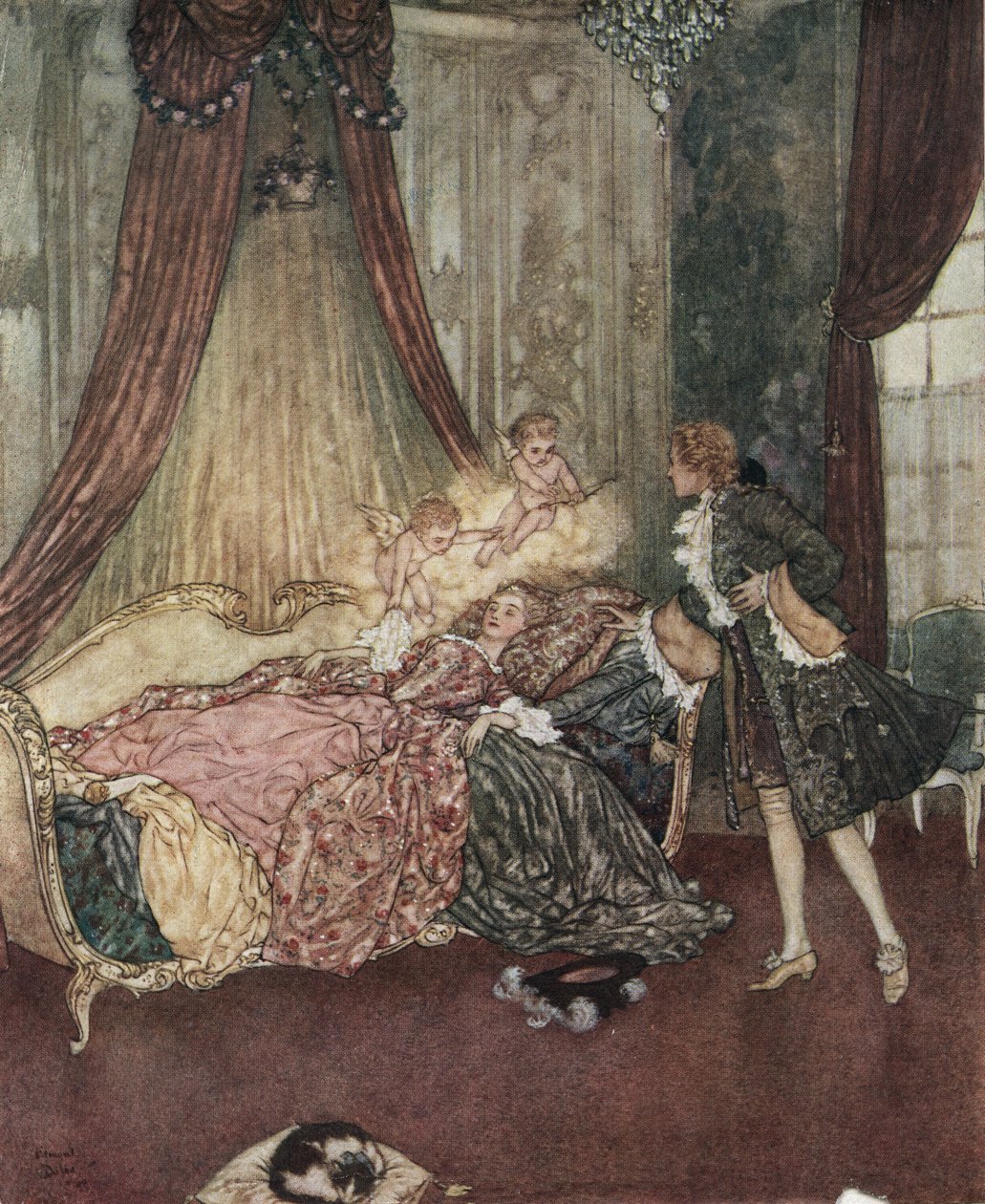 Spící krasavice: 1910 (litografie): Princ z pohádky objeví spící dívku. od Edmund Dulac