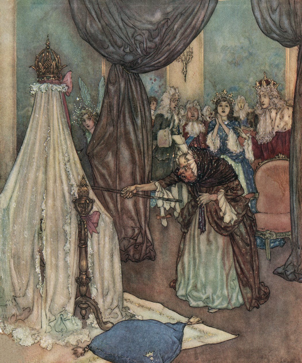 Spící krasavice: starý poplatník se sklání nad postýlkou princezny a proklíná ji, asi 1910 (litografie) od Edmund Dulac