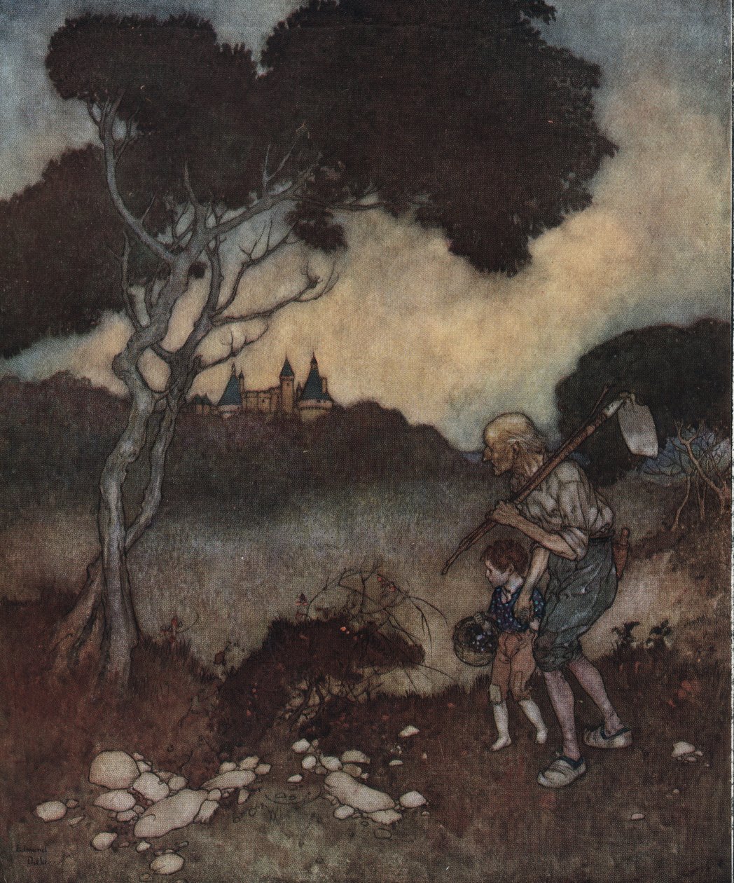 Šípková Růženka: nad stromy se objevují věže princeznina hradu. od Edmund Dulac