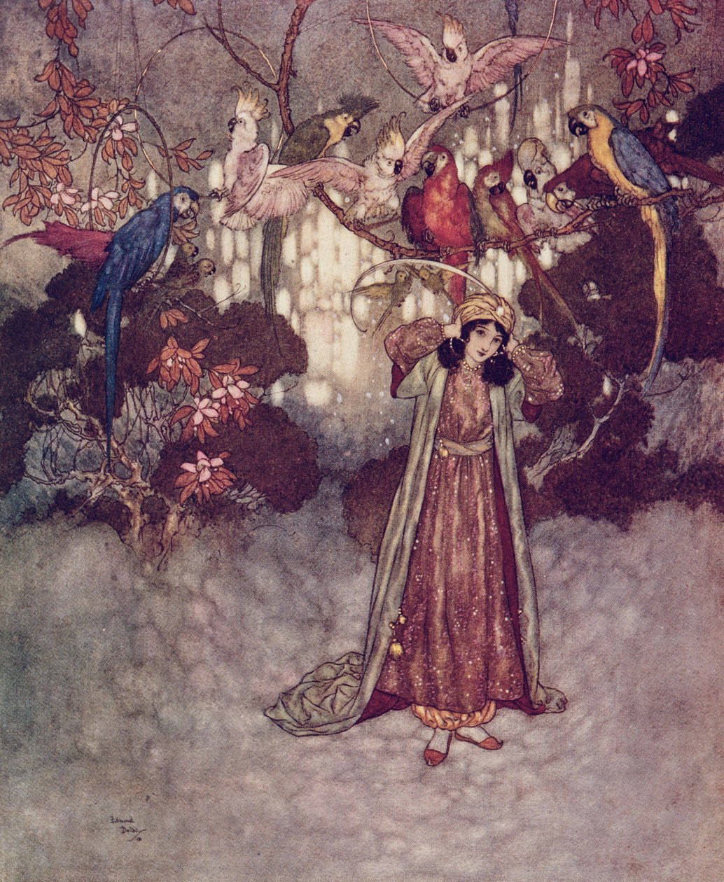 Sotva Krásku spatřili, začali křičet a štěbetat" z filmu Kráska a zvíře. od Edmund Dulac