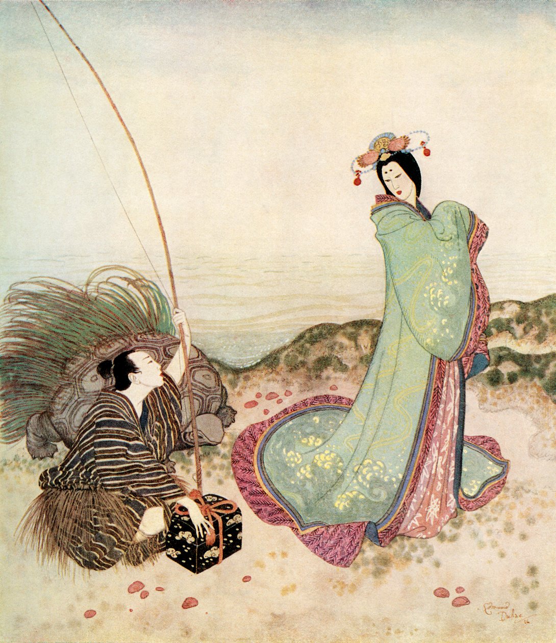 "Urašima byl tak okouzlen, že nedokázal promluvit ani slovo", ilustrace z japonské pohádky Příběh Urašimy Taro z knihy Edmunda Dulaca Pohádky: Dulacova pohádka, vydaná v roce 1916, s podtitulem "Pohádky spojeneckých národů". od Edmund Dulac