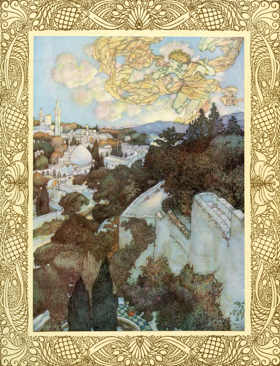 Probuďte se, neboť slunce za východní výšinou vyhnalo z noci sezení hvězd, ilustrace z "Rubajátu Omara Chajjáma", vydáno 1909 (barevná litografie). od Edmund Dulac