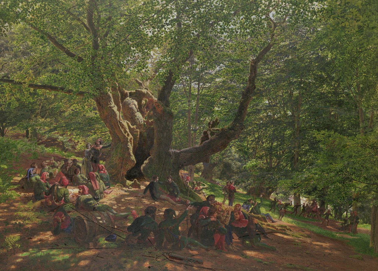 Robin Hood a jeho veselí muži v Sherwoodském lese, 1859 (kvaš a arabská guma na papíře) od Edmund George Warren