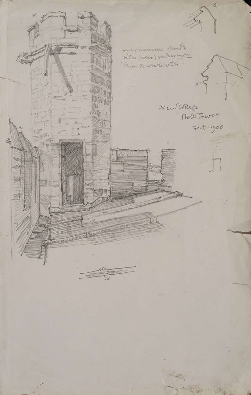 Náčrt zvonice na New College s detailem olověné střechy, 1908, tužka na papíře od Edmund Hort New