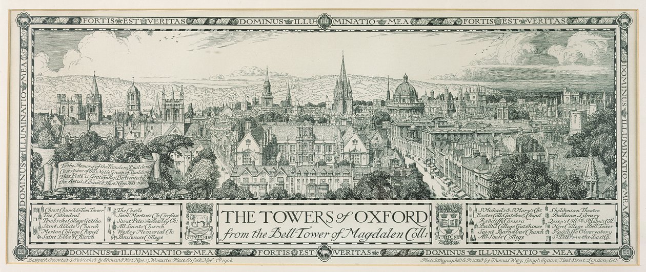 Oxfordské věže ze zvonice Magdalen, 1908 od Edmund Hort New