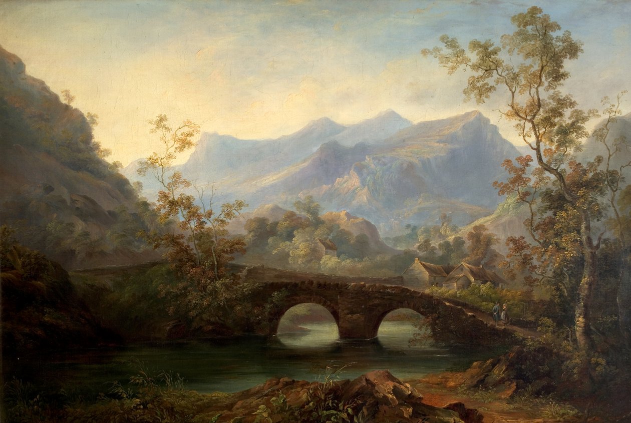 Horská krajina s řekou, mostem a chalupami, 19. století od Edmund John Niemann