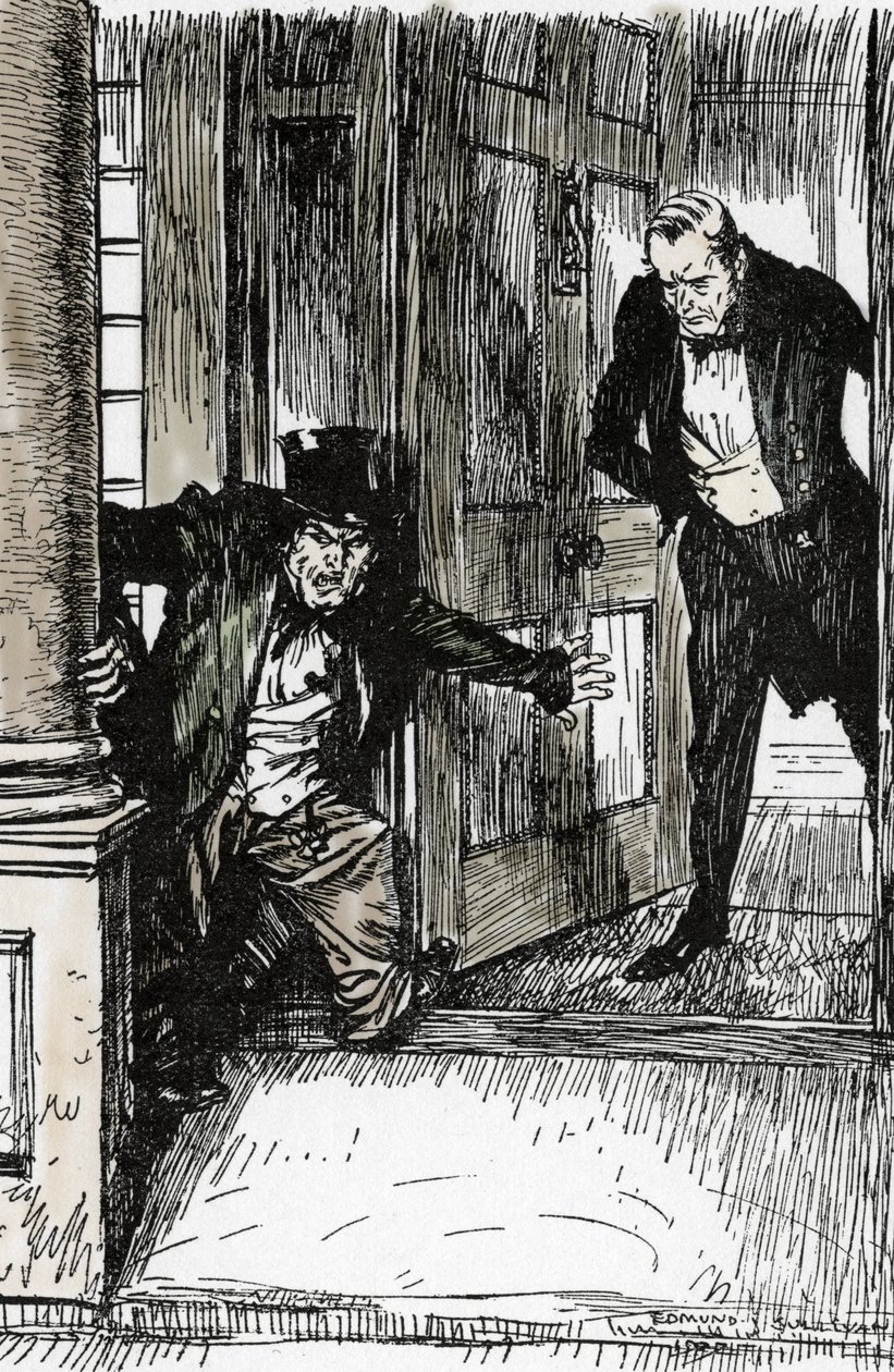 Dr Lanyon otevře dveře a objeví pan Hyde vetus s příliš velkým oblečením, Ilustrace Edmunda Josepha Sullivana (1869-1933) k románu L