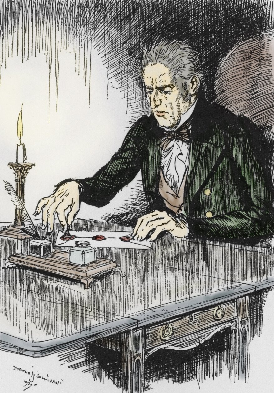 Dr jekyll uzavírá dopis, kde se přiznává, že je vrahem pan Hyde, Ilustrace Edmunda Josepha Sullivana (1869-1933) k románu L