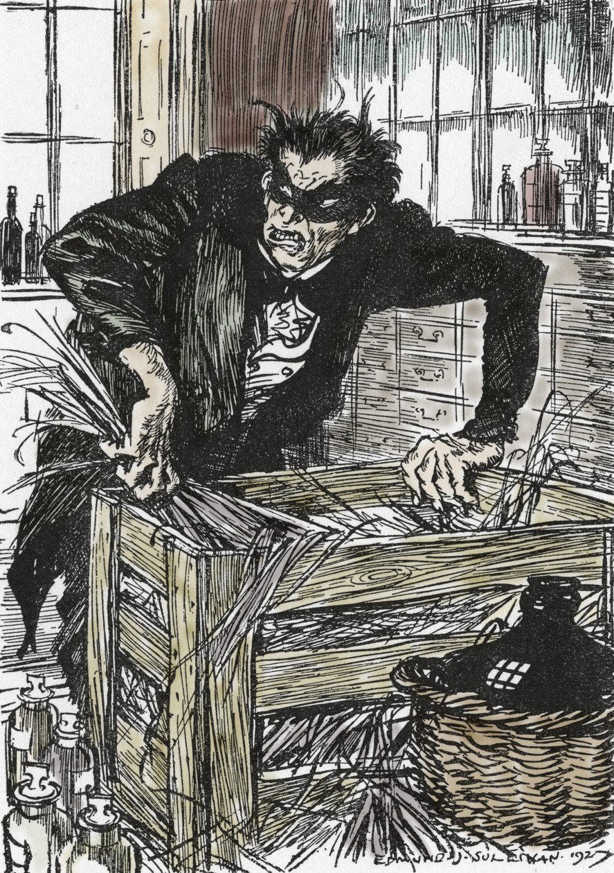 Doktor jekyll zoufale hledá prášky, které mu dovolují ztrapnit jeho postavu pana Hyda, Ilustrace Edmunda Josepha Sullivana (1869-1933) k románu L
