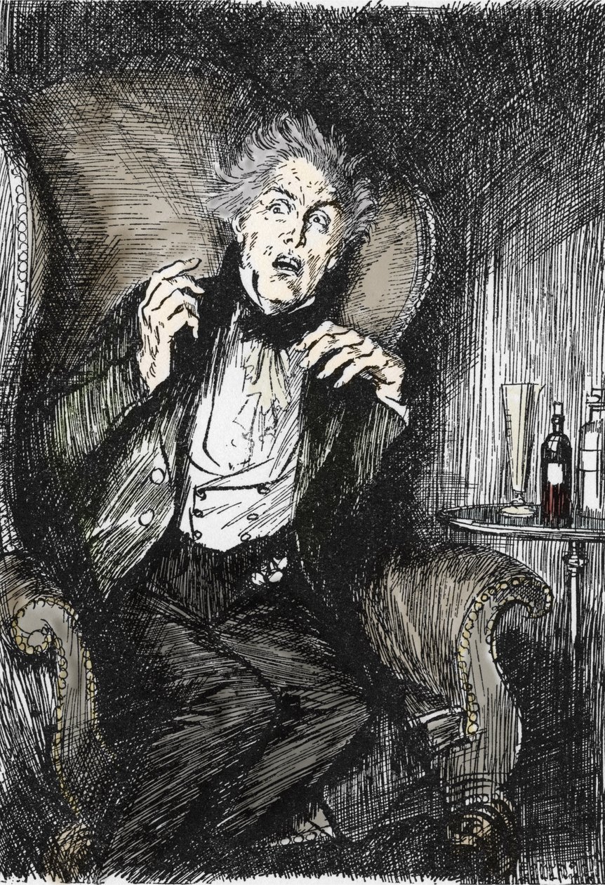 Dr jekyll v hrůze během rozhovoru s Uttersonem a Enfieldem, Ilustrace Edmunda Josepha Sullivana (1869-1933) k románu L