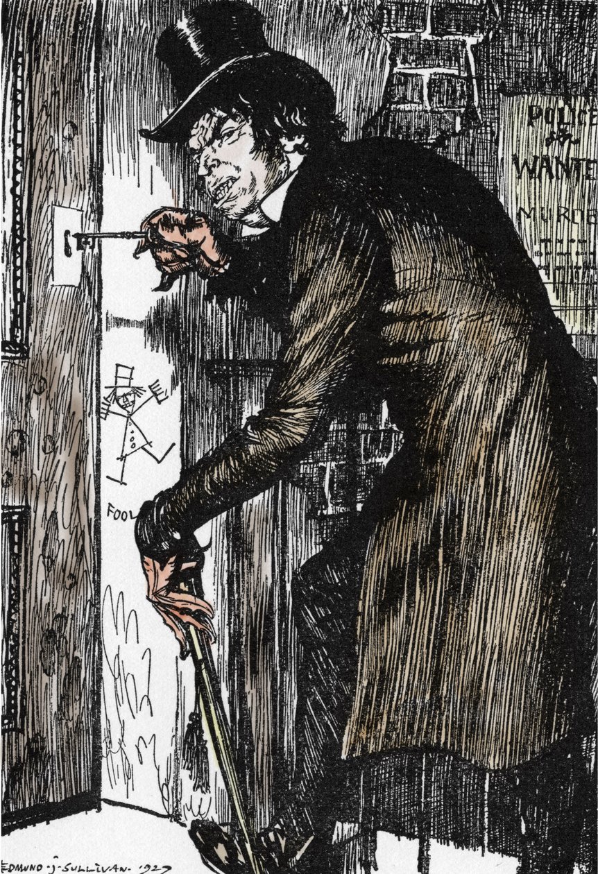 Pan Hyde se po noci plné dobrodružství vrací domů, aby si vzal protijed a znovu se objevil Dr. Jekyll, Ilustrace Edmunda Josepha Sullivana (1869-1933) k románu L
