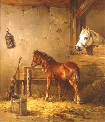 Klisna a hříbě ve stáji (olej na plátně) od Edmund Mahlknecht