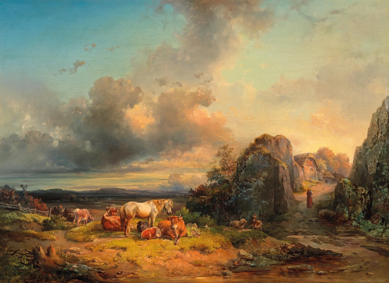 Stádo zvířat a figurálních doplňků před širou krajinou od Edmund Mahlknecht