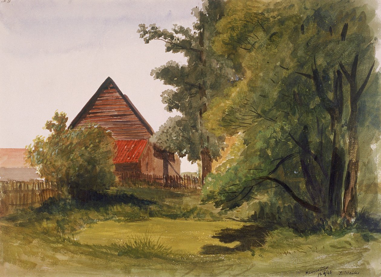 Pohled na Hampstead se stodolou vlevo, Hampstead, Camden, Londýn, 1842 od Edmund Marks