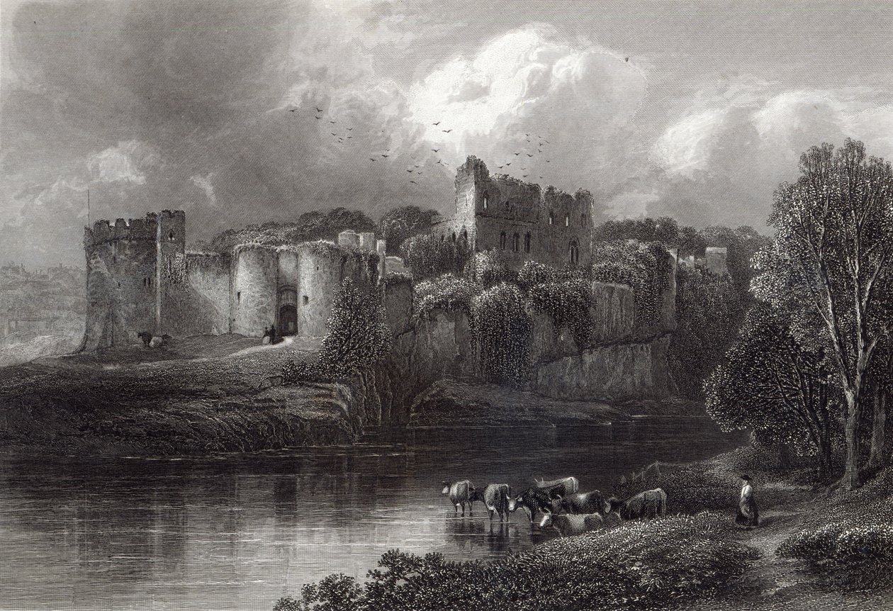 Hrad Chepstow, ryl R. Hinshelwood, tiskl Cassell und Company Ltd od Edmund Morison Wimperis