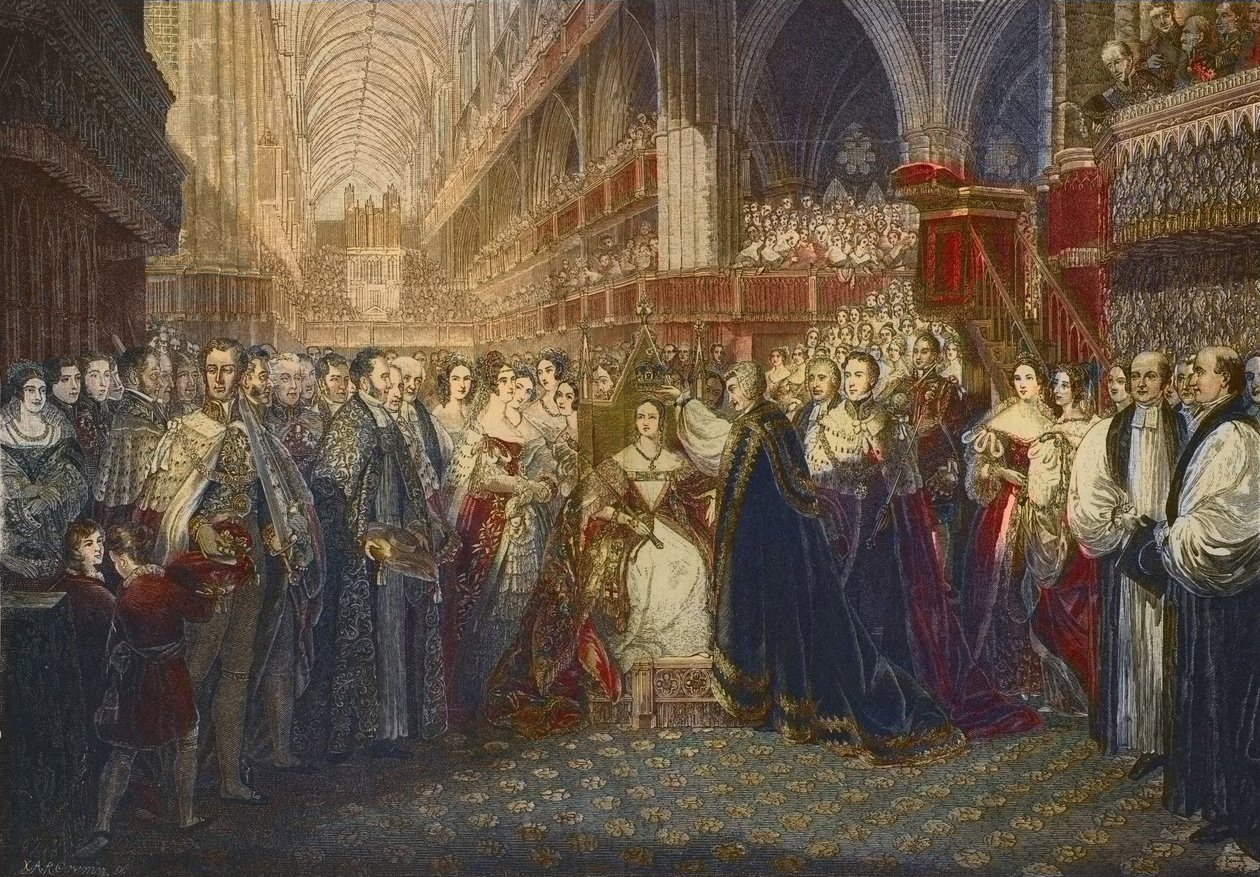 Korunovace královny Viktorie ve Westminsterském opatství v Londýně dne 28. června 1838 - Korunovace královny Viktorie, královny Velké Británie a Irska (1819-1901), ve Westminsterském opatství od Edmund Thomas (after) Parris