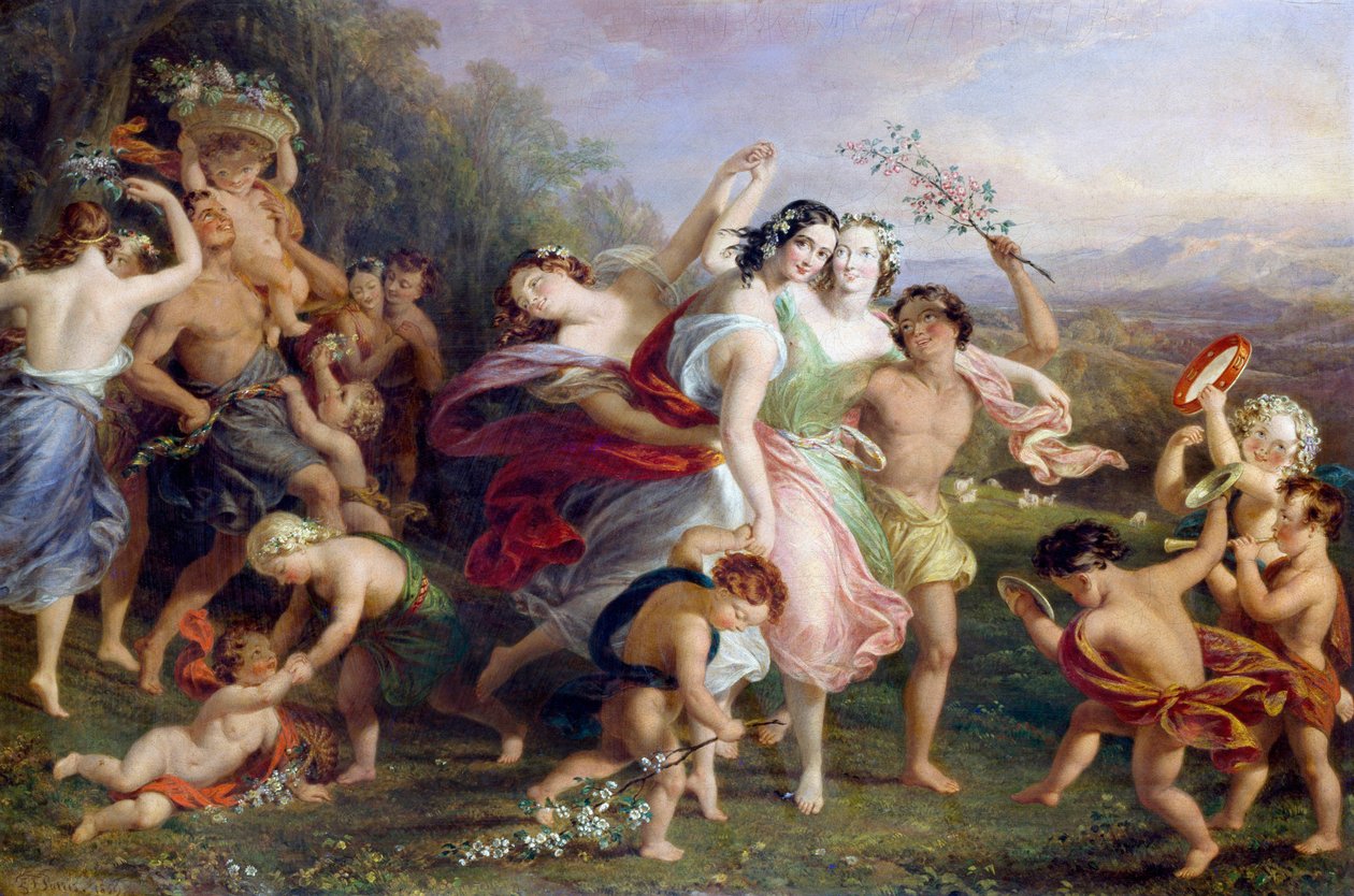 "Matinee de mai" Tanec a obchůzky lesních postav, děti ověšené květinami. Obraz Edmunda Thomase Parrise (1793-1873) 1859 od Edmund Thomas Parris
