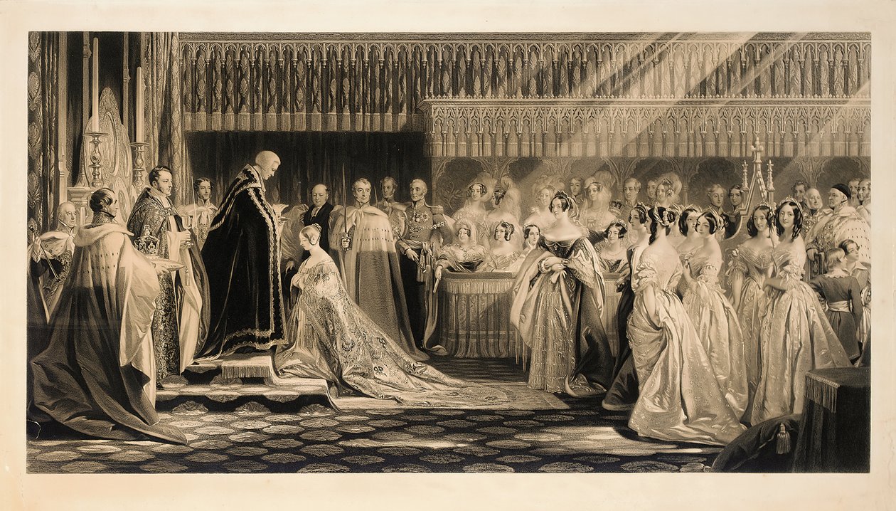 Korunovace Jejího Veličenstva královny Viktorie, ve Westminsterském opatství, 28. června 1838, vyryl Charles Edward Flagstaff od Edmund Thomas Parris