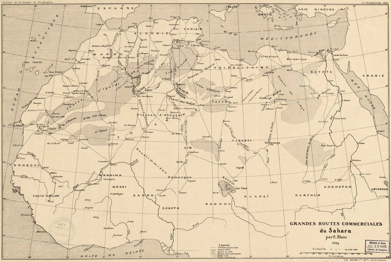 1889 mapa transsaharských obchodních cest francouzským průzkumníkem Edouardem Blancem od Edouard Blanc