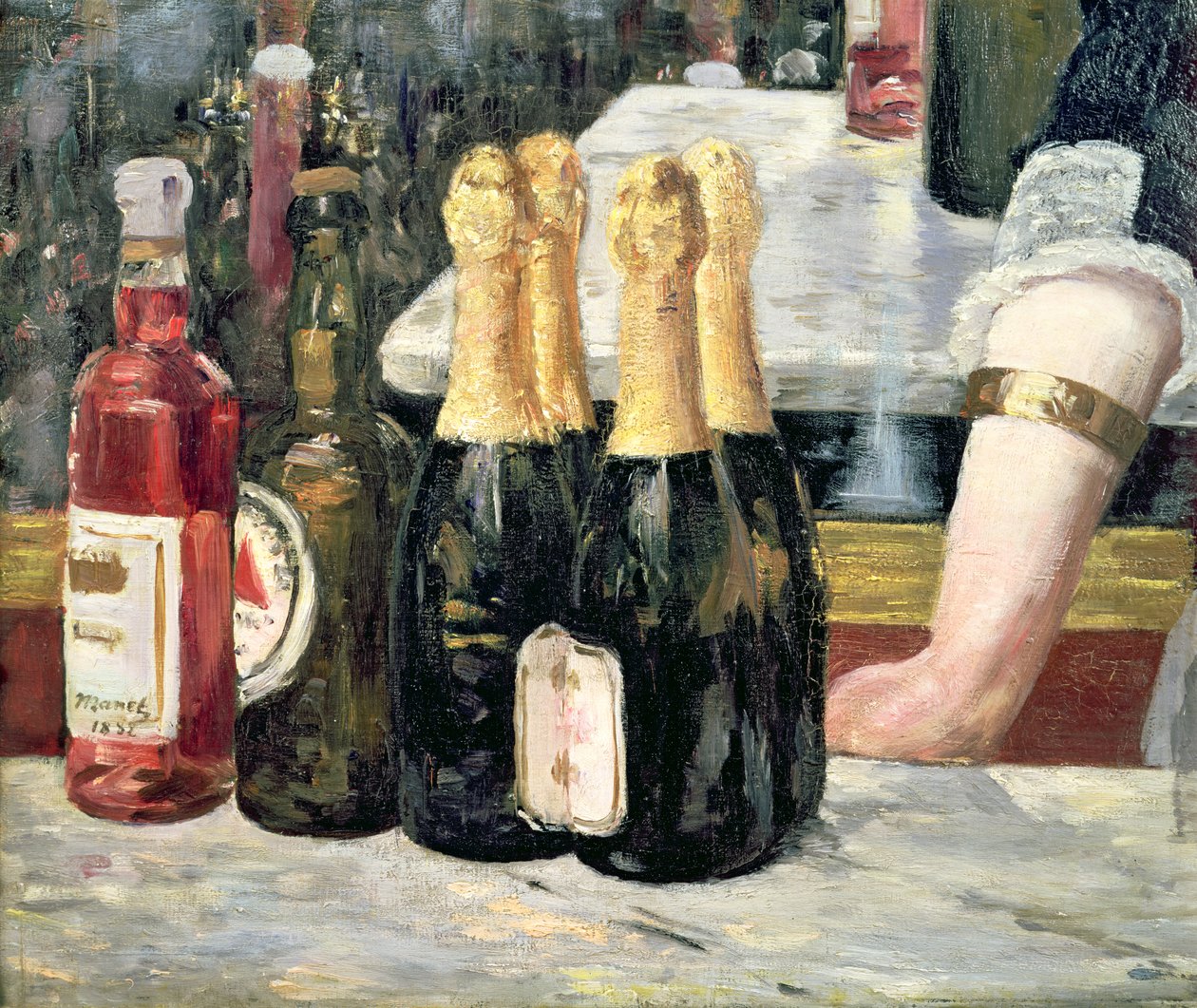 Bar u Folies-Bergere, detail lahví na levé straně, 1881-82 od Édouard Manet