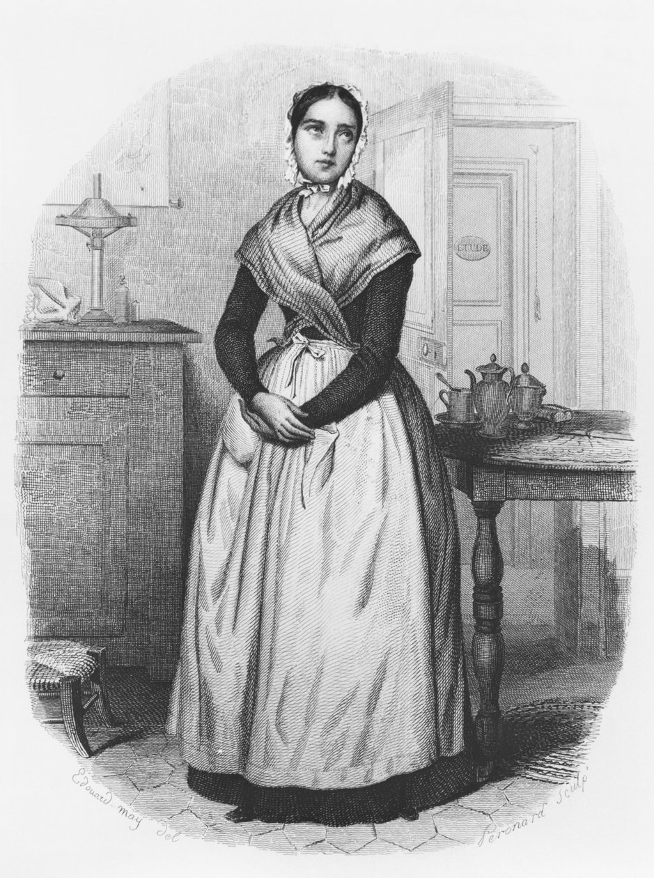 Služebná Louise Morel, ilustrace z knihy "Les Mysteres de Paris" od Eugena Sue (1804-57), vyryl Melchior Peronard (19. století), asi 1842-43. od Edouard May