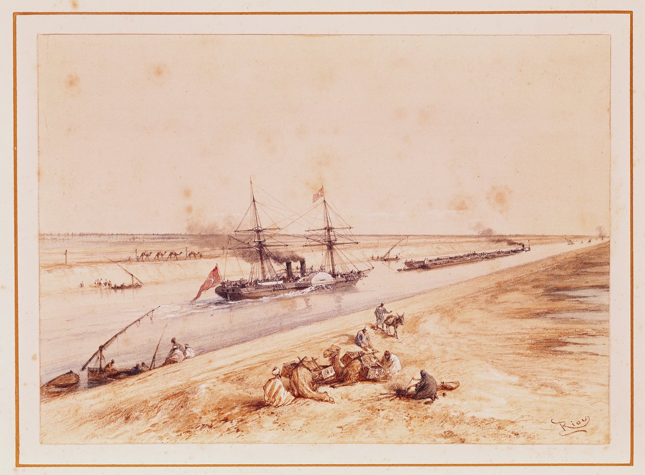 Turecký kolesový parník mířící vzhůru Suezským průplavem, ze suvenýrového alba na památku cesty císařovny Eugenie (1826–1920) při inauguraci v roce 1869 od Edouard Riou