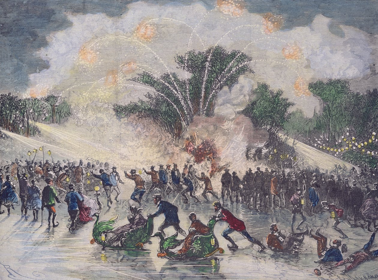 Večírek na bruslení v Bois de Boulogne v Paříži, vyrytý Charles Maurand od Edouard Riou