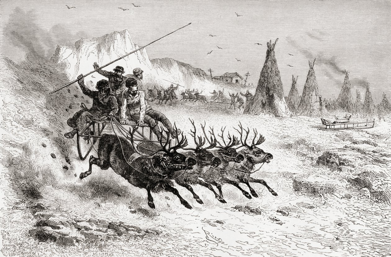 Samojedi z Caborova na saních tažených sobem, 1878 od Edouard Riou