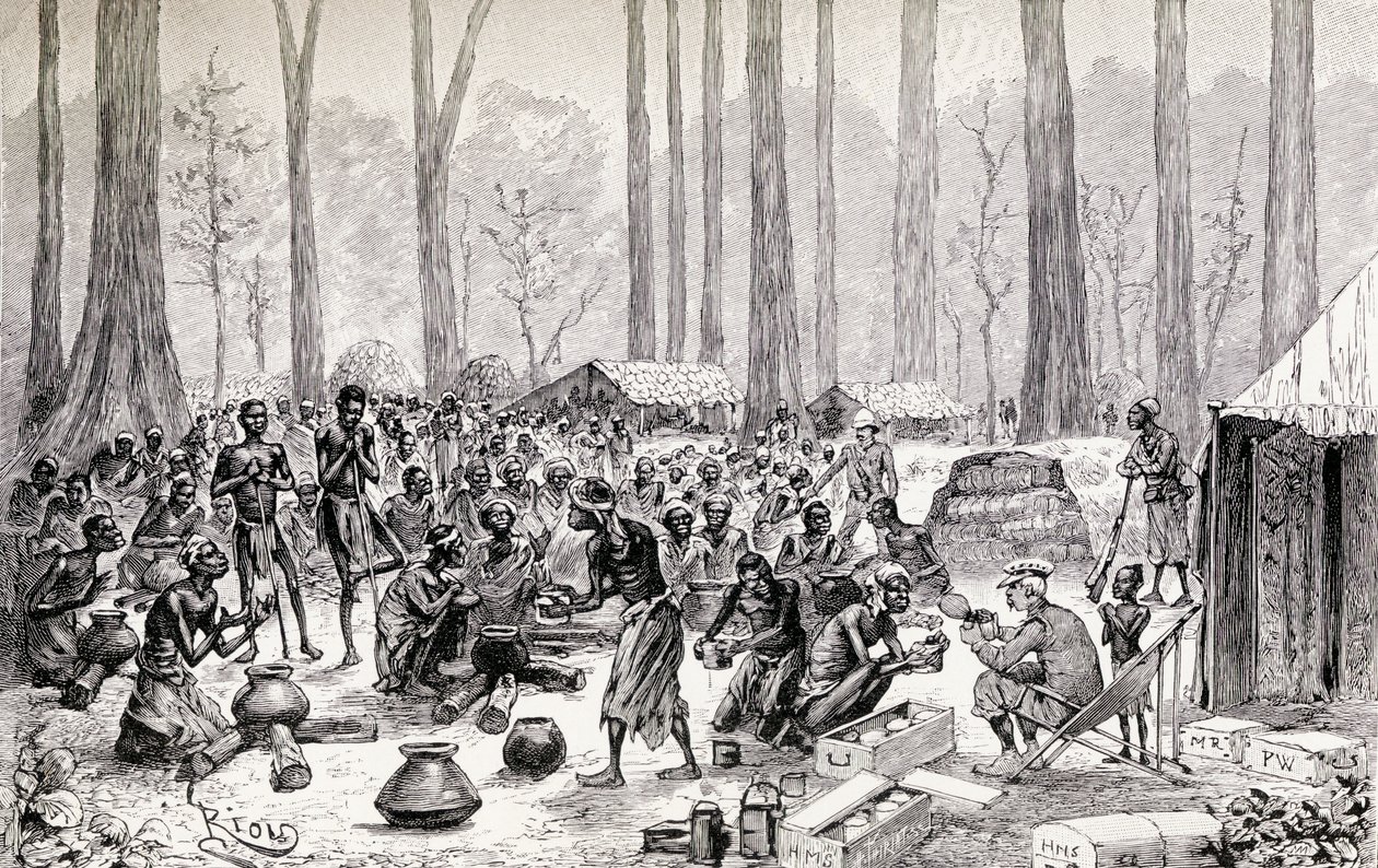 Skauti podávající mléko a máslo na vývar hladovějícím Pygmejům, 1890 (dřevoryt) od Edouard Riou