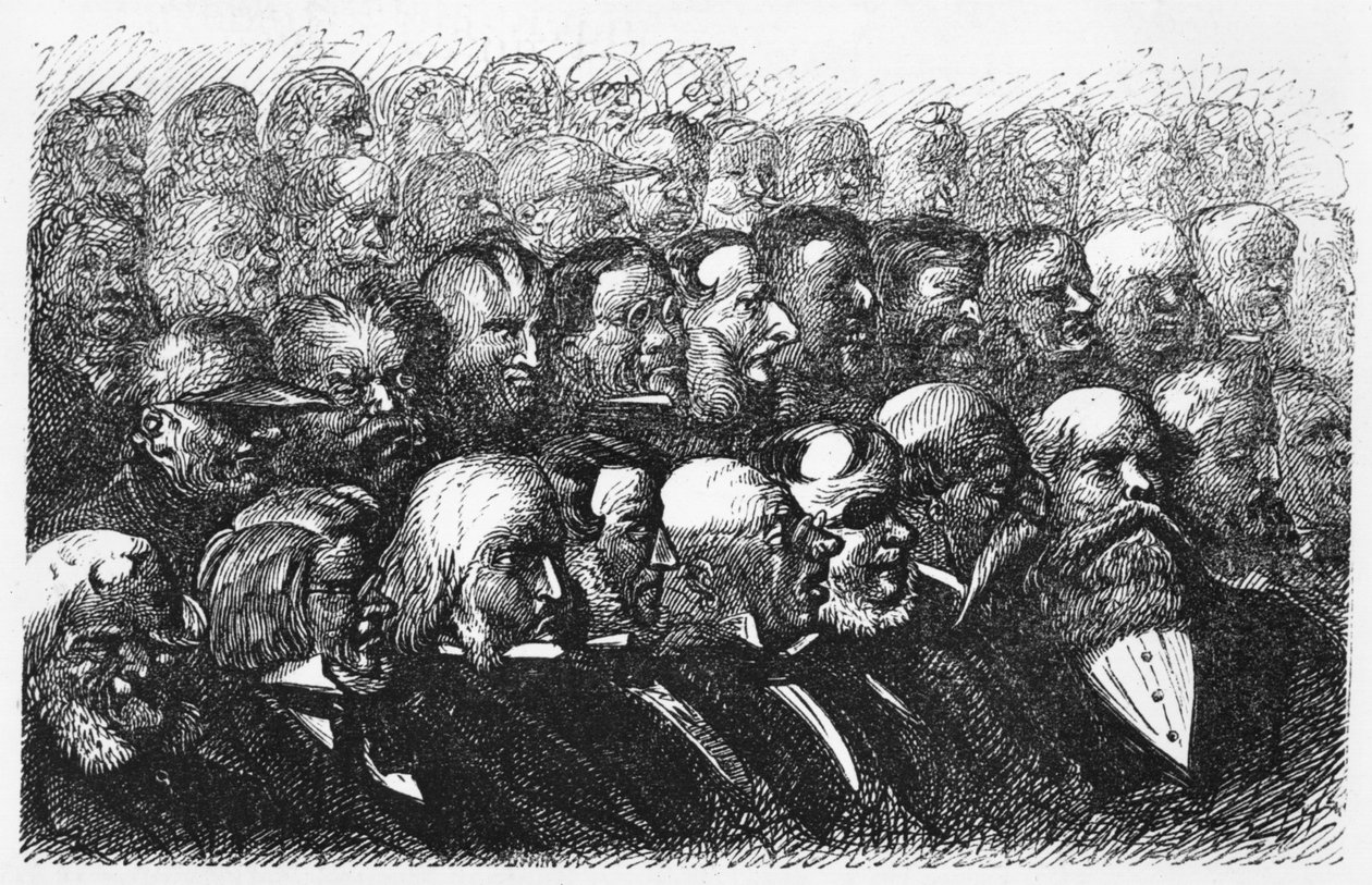 Členové Londýnské královské geografické společnosti, ilustrace z „Pět týdnů v balónu“ od Julese Verna (1828-1905) Paříž, Hetzel od Edouard Riou