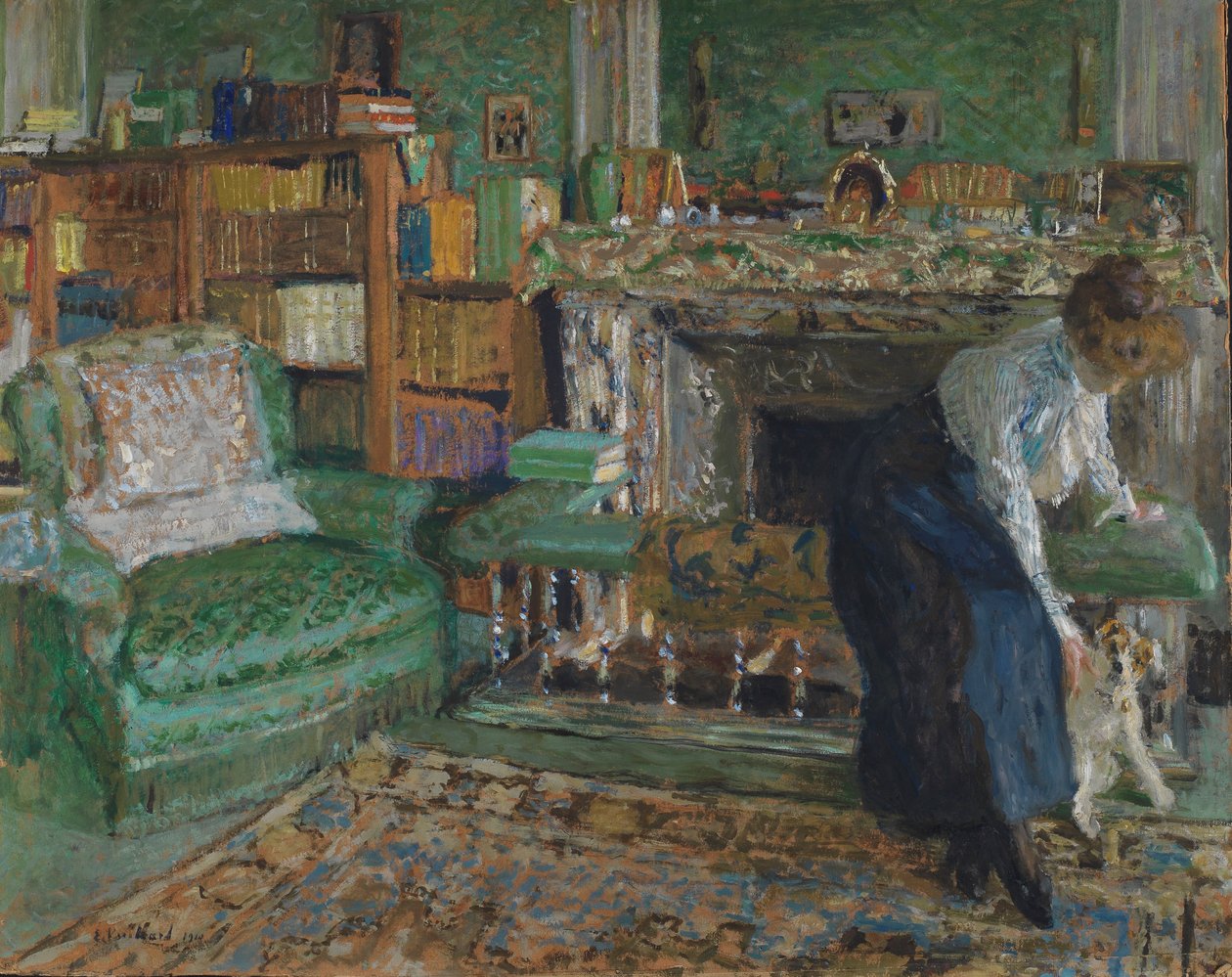 Marguerite Chapinová ve svém bytě se svým psem, 1910 (olej na mlýnské desce) od Edouard Vuillard