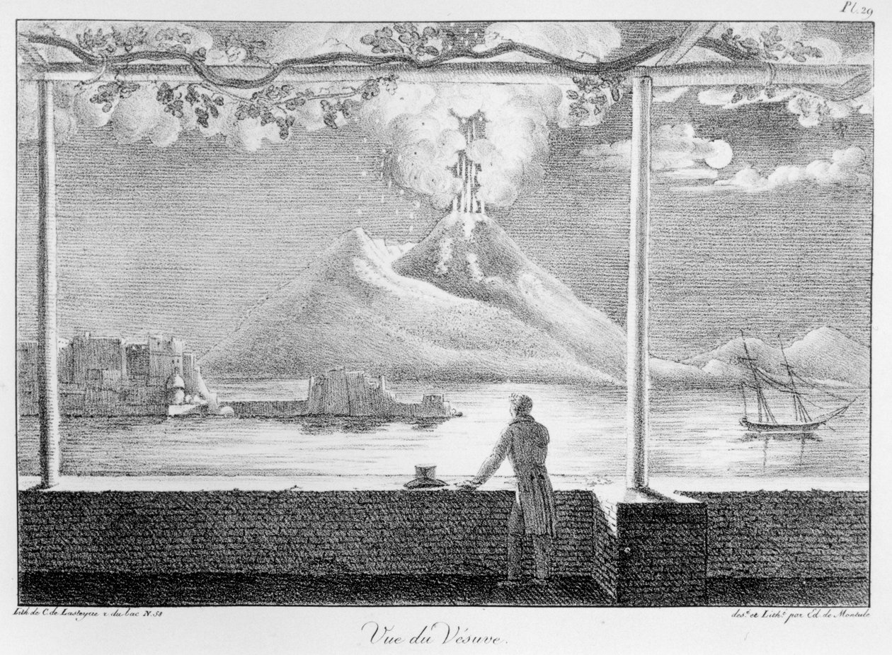Pohled na Vesuv, ze "Sbírky map a pohledů z cesty do Ameriky, Itálie, Sicílie a Egypta v letech 1816-21". od Edouard de Montule