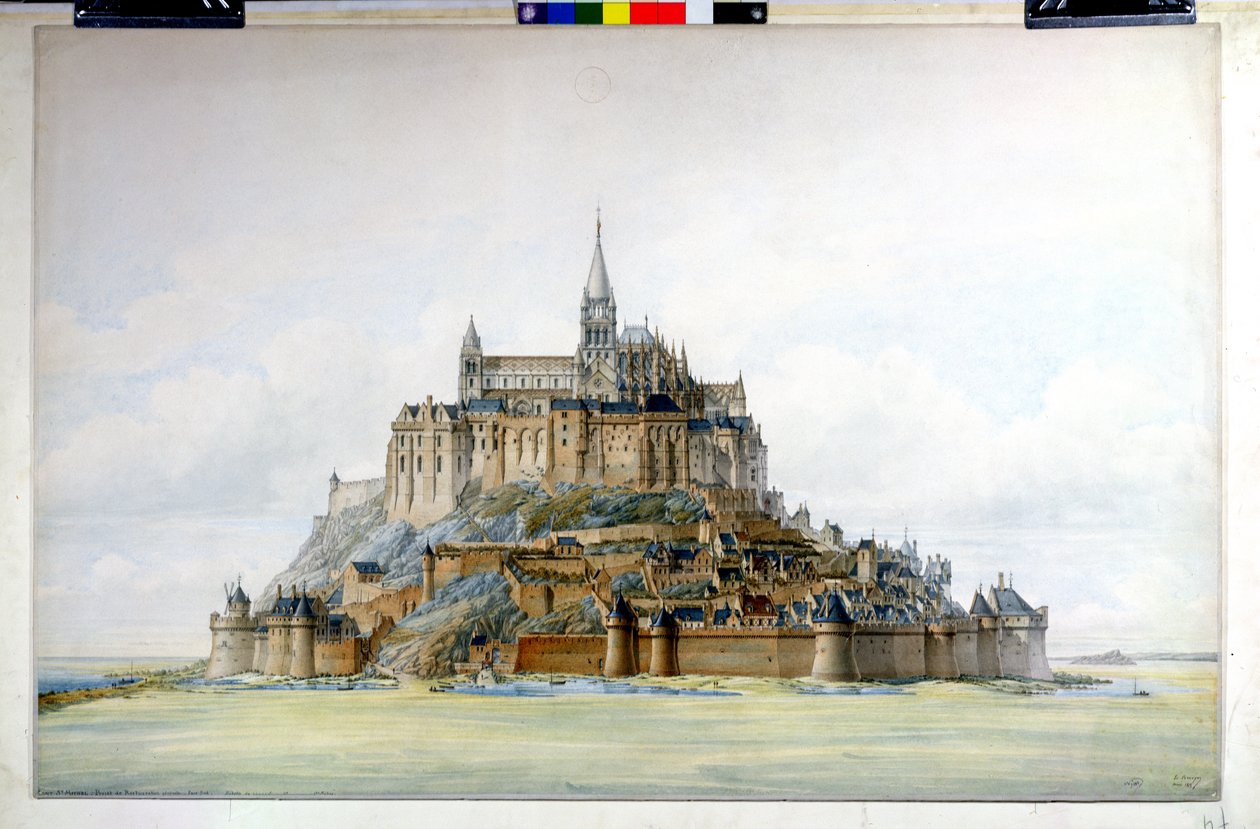 Projekt obnovy Mont Saint-Michel (jižní strana), březen 1875 (wc na papíře) od Edouard Jules Corroyer