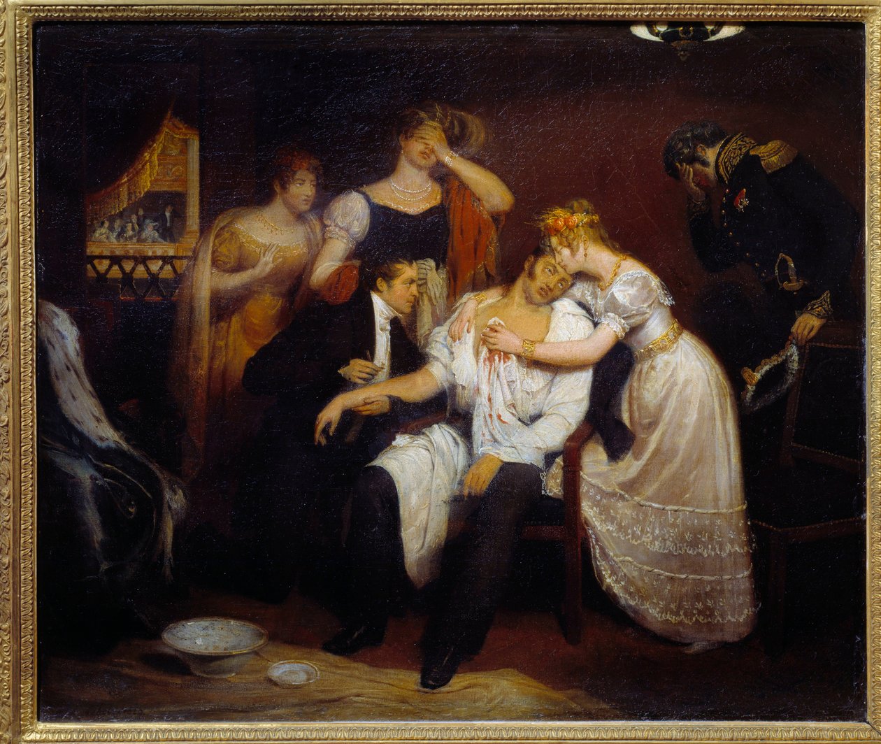 Smrt vévody z Berry (1778-1820) 13. 2. 1820 v Královské hudební akademii Synovec krále Ludvíka XVIII. byl v Opeře zavražděn republikánem Louvelem, který chtěl uhasit královskou dynastii. Obraz Francoise Cibota (1799-1877) 1829 Ne. 0,4 od Edouard  Cibot