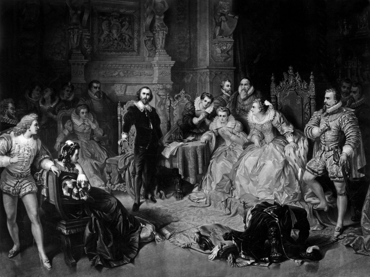 William Shakespeare (1564-1616) na dvoře královny Alžběty I., vyryl Pierre Cottin, kolem roku 1864 (mezzotinta) od Edouard (after) Ender