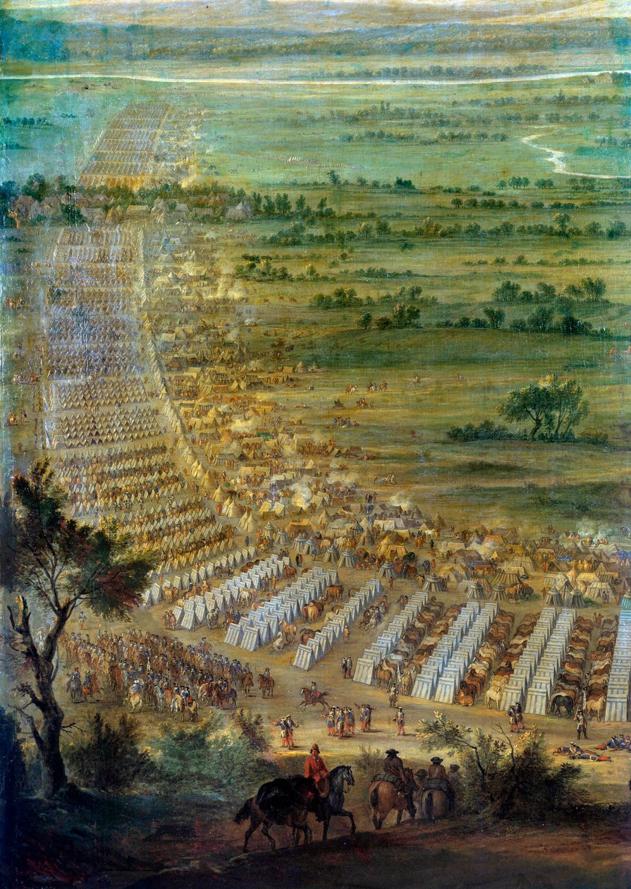 Dobytí města Dole en Franche Comte Ludvíkem XIV. (1638-1715), detail z 6. 6. 1674 představující vojenský tábor. Obraz Jana Pavla (známý kolem 1675-1683). Slunce 2,29x3,3 m Versailles, musee du chateau od Edouard Antoine Renard