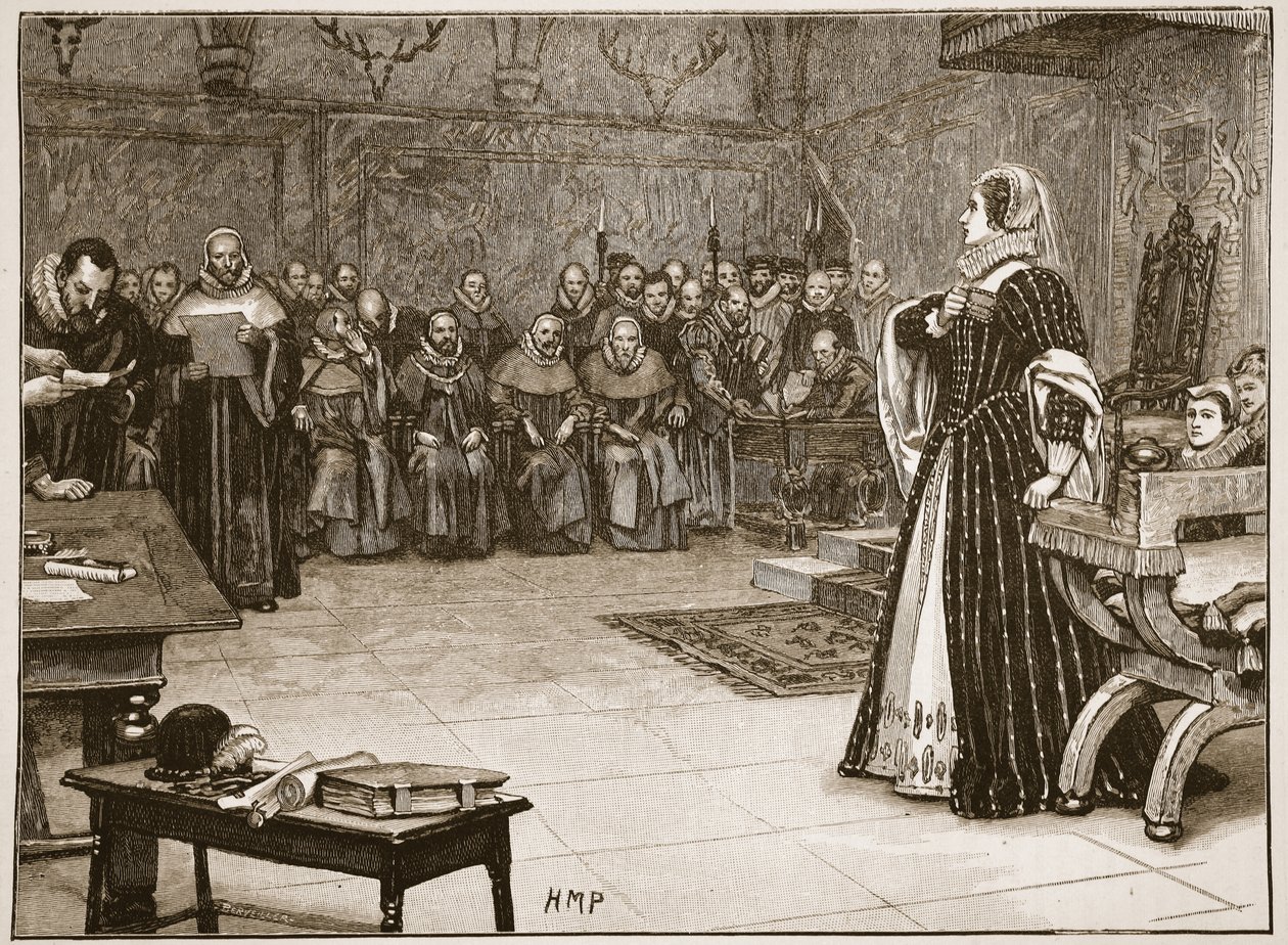 Proces s Mary Queen of Scots v zámku Fotheringhay, ilustrace z „Cassell