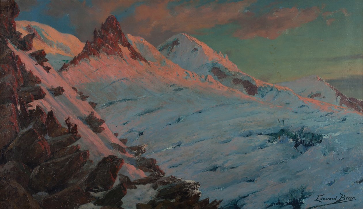 Kaksi vuorikiipeilijää saapumassa Les Grands Muletsiin (Mont-Blancin vuoristo) (öljy pahville) od Edouard Brun