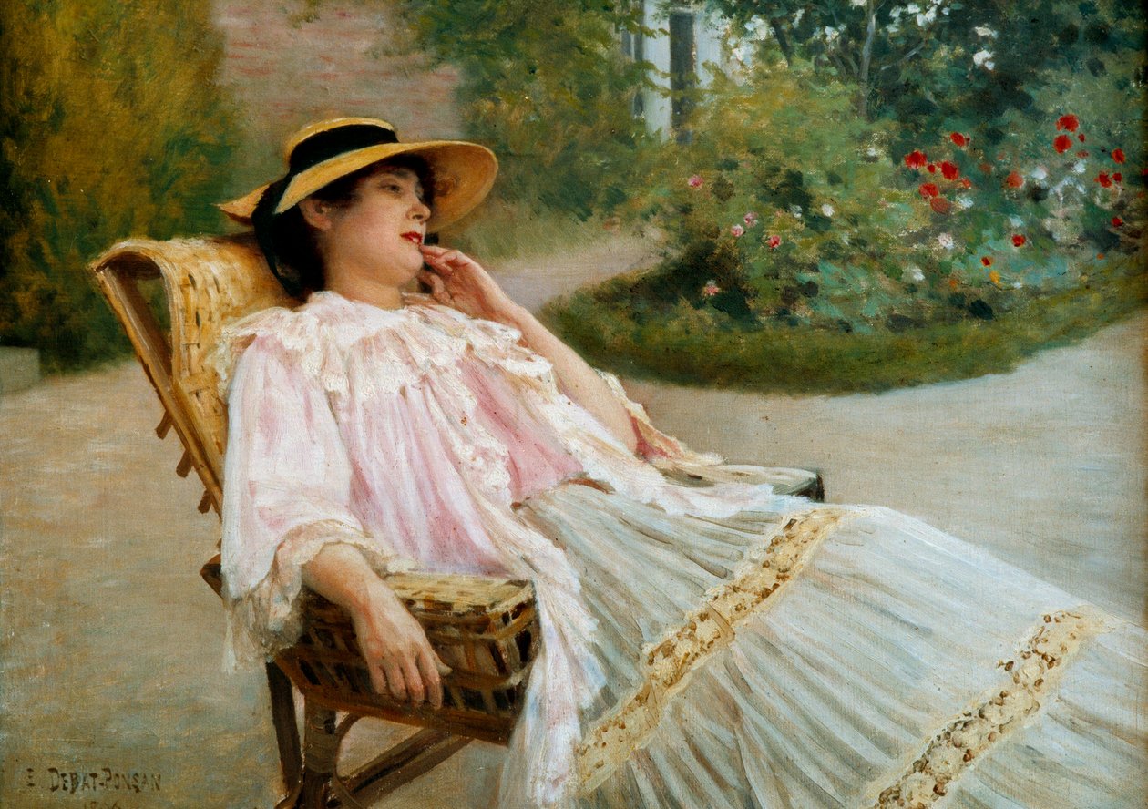 Zdřímnutí Madame Edouard Debat Ponson na terase. Obraz Edouarda Debata Ponsana (1847-1913) od Edouard Debat Ponsan